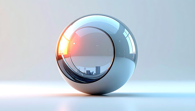 Abstract polished chrome sphere with soft lighting and reflections on a neutral surface, modern design element, science and technology concept
