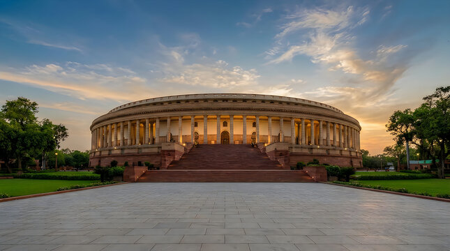 Parliament house of india in new delhi at sunset, a historic circular building with grand columns and stone architecture
