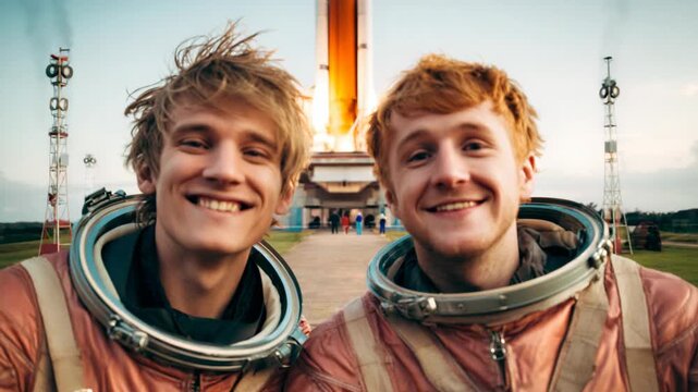 Retro vintage two teenage Caucasian men smiling in astronaut space suits at rocket launch area, nostalgic space exploration and adventure concept.