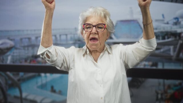 Woman raising both fists and hands, wearing glasses and white shirt, in a studio with cruise ship and pool imagery; joy celebration.