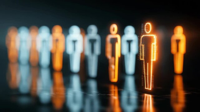 many bright human icons on cybernetic verse black background , ideal candidate selection, futuristic recruitment and right person for right position business concept