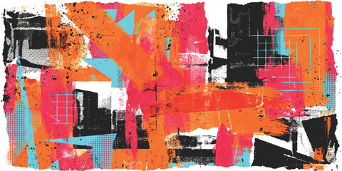 Abstract collage art with bold geometric shapes and vibrant red orange and blue colors in a modern street style © GraphixEra