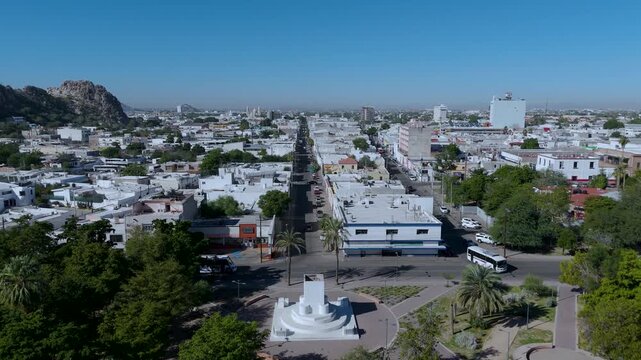 Aerial view of Hermosillo city in Sonora Mexico featuring the iconic Cerro de la Campana hill with communication antennas.
