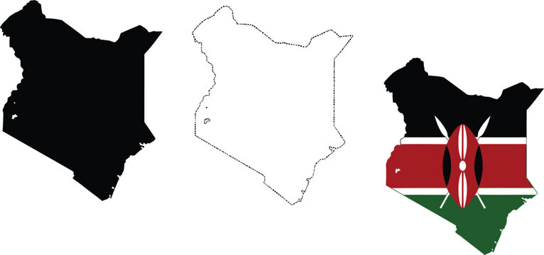 Kenya map set silhouette outline and flag representation