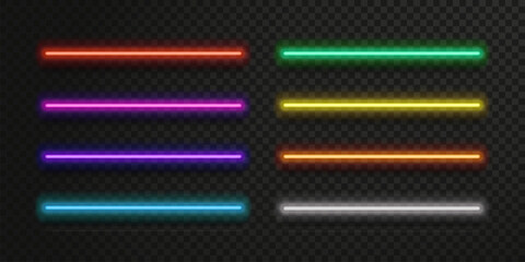 Obraz premium Neon light tubes and LED strips in vibrant rainbow colors. Fluorescent bar elements with glowing beams on transparent background. Vector lamp collection with neon accents for casino or club design.