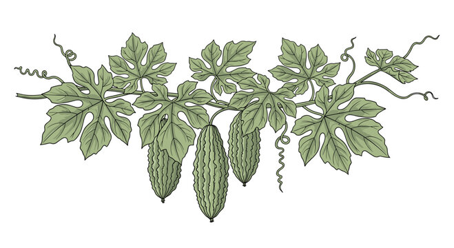 A bitter melon vine is illustrated with its characteristic bumpy green fruits, lush leaves, and delicate tendrils, representing its unique growth.