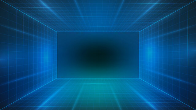 Grid neon background with retro 80s aesthetic and glowing floor perspective. Futuristic synthwave digital pattern with blue cyberpunk wireframe lines. Abstract laser depth and virtual dimension.