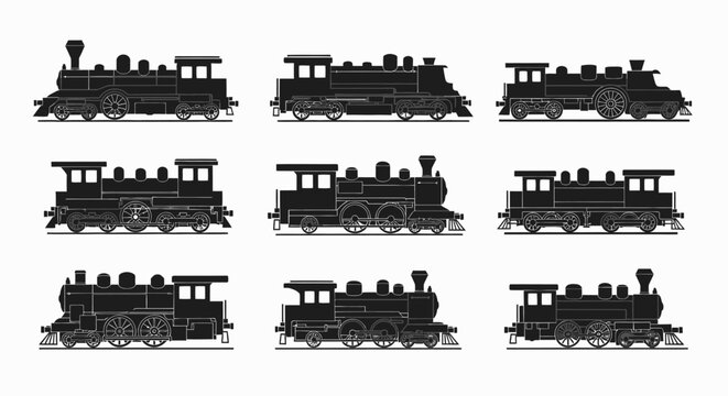 Collection of vintage steam locomotive silhouettes in various side views on white background