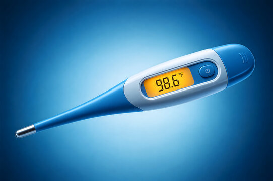 Digital medical thermometer showing normal body temperature 98.6 F