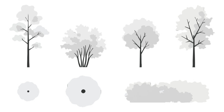 Collection of flat vector tree and shrub icons with side and top views for landscape architecture design projects