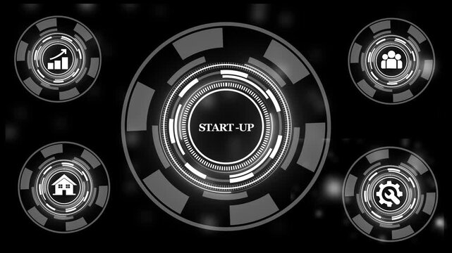 Futuristic digital start-up interface concept with animated hud glowing circular infographics, business growth and technical settings symbols for modern corporate technology presentations