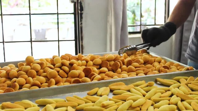 A person is tossing delicious achira biscuits, fresh from the oven, onto a metal tray in a kitchen in Yaguara, Huila, Colombia. Concept of small business and Colombian food