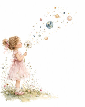 Enchanting Child Blowing Dandelion Galaxies Imaginary Planets Whimsical Space Exploration Illustration