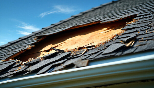 Damaged roof shingles with missing sections exposing wooden underlayer under clear blue sky