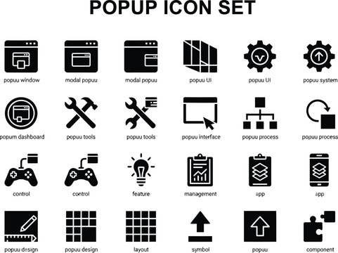 Set of black website interface icons for software development and user experience web application projects