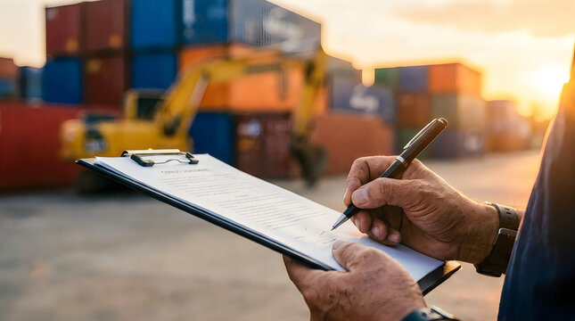 Closeup of a logistics manager signing a shipping agreement on a clipboard at a busy cargo port during sunset