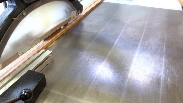 Close-up of circular saw blade cutting wooden plank on sliding table saw.