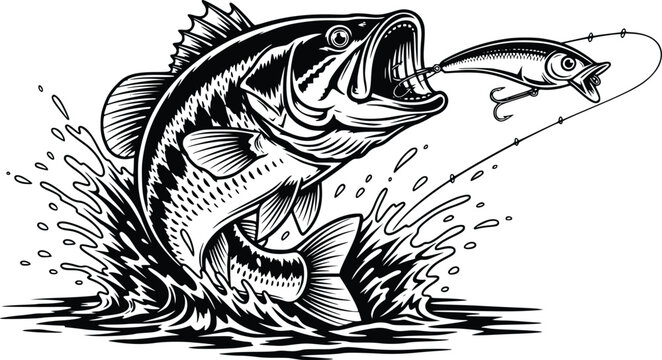 Hand Drawn Bass Fish Striking Fishing Lure Vector Vintage Outdoor Illustration