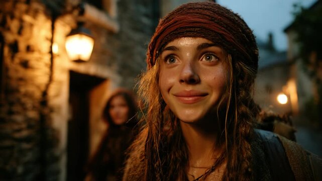 Smiling medieval woman standing on an old town street with warm glowing lights in the background, historical fantasy portrait with cinematic atmosphere
