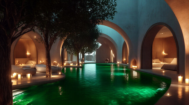 Luxurious modern indoor swimming pool with arched architecture and ambient lighting surrounded by cozy relaxation areas