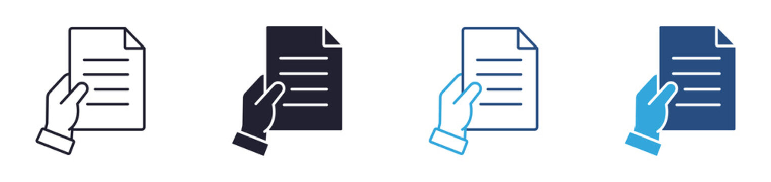 Hand holding document icon  set. file management and paperwork concept. outline, glyph, colored line and flat style. vector illustration.