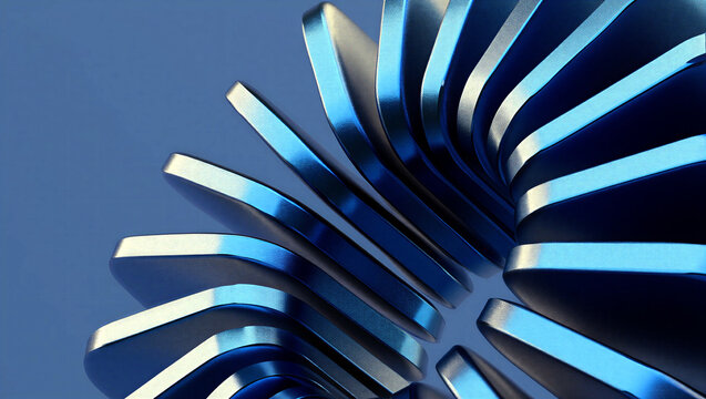 Modern abstract metallic sculpture with curved blades radiating outward in symmetrical pattern design