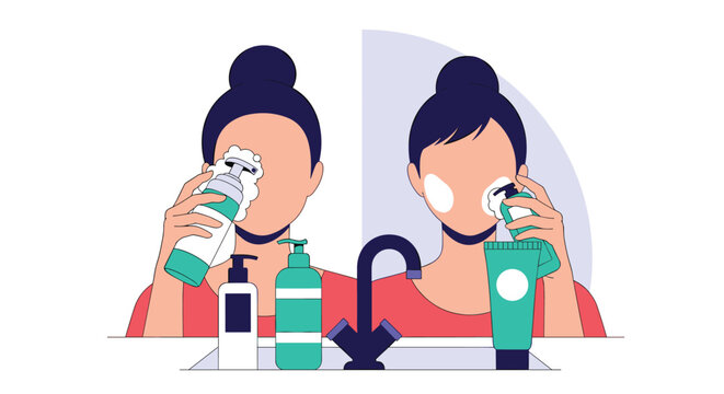 Comparison view of a facial cleansing routine using foaming wash and cream to maintain healthy and clear skin texture daily.