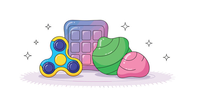 Collection of colorful fidget toys including a hand spinner and pop-it designed for stress relief and sensory focus activities.