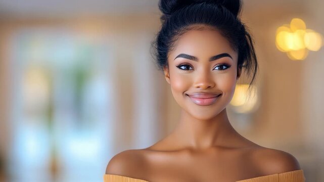 Close-up headshot portrait of beautiful Polynesian woman with flawless skin, natural beauty concept with elegant expression and soft glowing light
