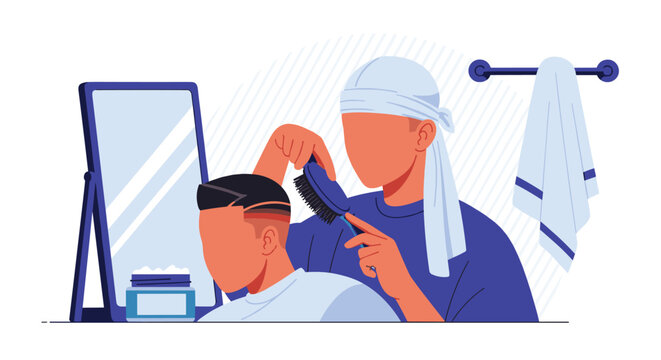 Professional hair styling scene with a barber using a brush on a client wearing a durag in a modern salon setting with a mirror.