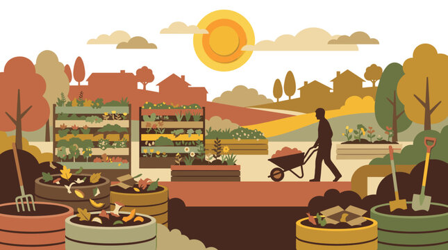 Community gardening scene with a person moving compost in a wheelbarrow among raised plant beds and peaceful village homes.