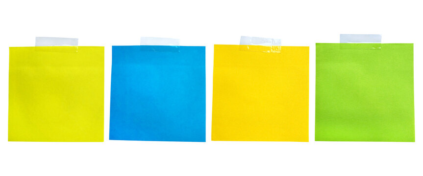 Sticky note reminder. Post it note paper. Yellow, black, blue, purple sheets for notes isolated with clipping path on background