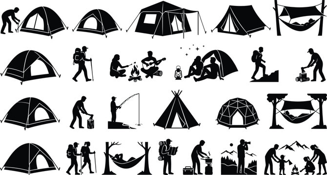 Camping activities and tent types vector illustration isolated on white background, Vector
