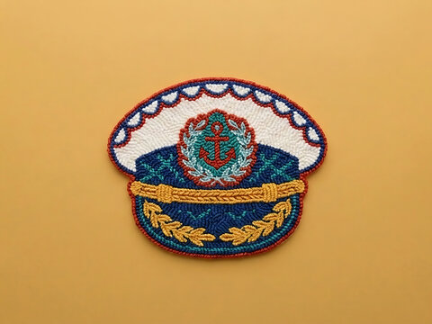 Punch needle embroidery of a captain's hat, nautical sailor cap illustration on yellow background, generative AI