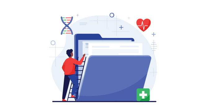 Healthcare professional climbs ladder to organize patient records in giant blue medical file folder.