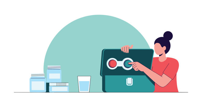 Person meticulously prepares contact lenses for insertion at dressing table with various beauty jars.