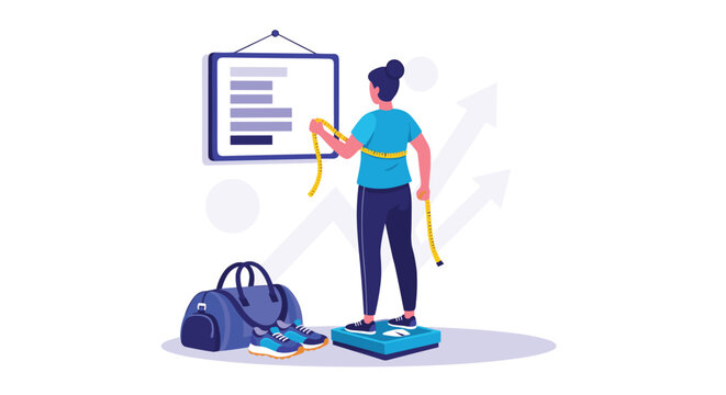 Determined woman monitors weight loss progress using scale and measuring tape near sports equipment.