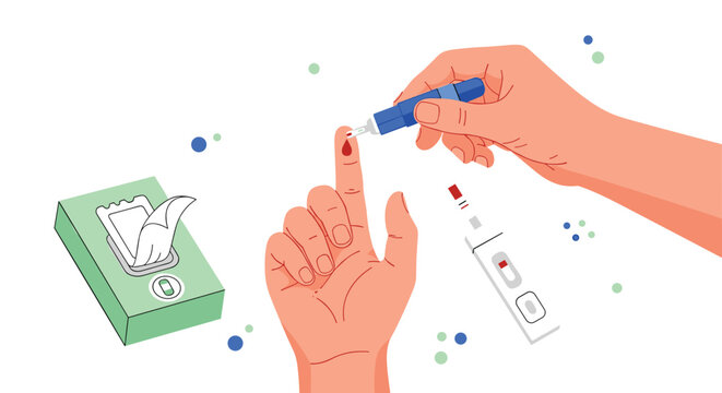 Close up view of person performing glucose blood test with lancet and digital monitoring strip for diabetes.