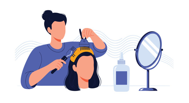 Professional hair stylist applies dye to clients hair using brushes and tools in bright beauty salon.