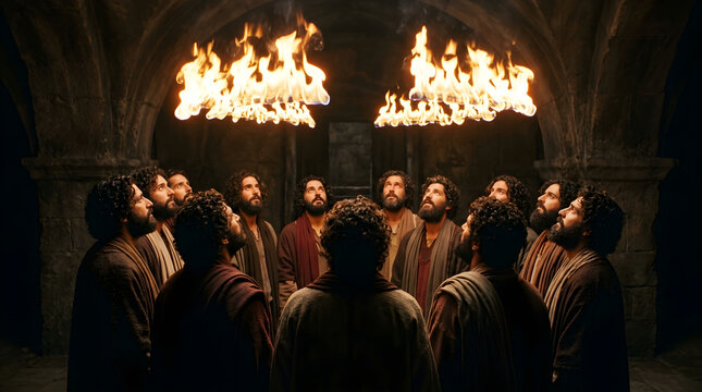 group of people in traditional robes celebrating pentecost with dramatic firelight and candles in historic church