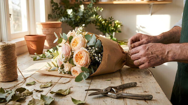 Skilled florist tying bouquet with jute twine on wooden table inside bright flower shop workshop with scattered leaves and garden pruners for professional floral arrangement and nature gift creation.