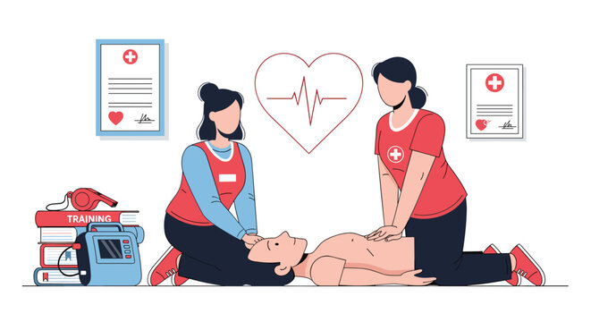 Two first aid responders in red vests performing cardiopulmonary resuscitation on a patient during an emergency training.