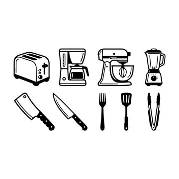 Butcher Kitchen Tools Set &ndash; Minimalist Fork, Knife, and Meat Cleaver Line Art Illustration