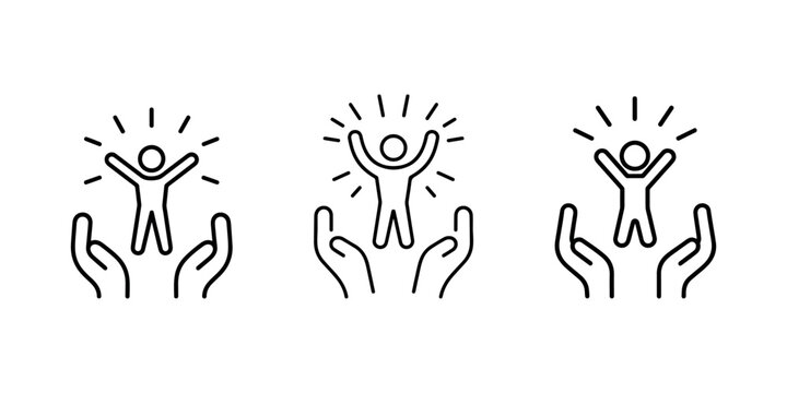 Human care vector icons, helping hands, people support, human rights, freedom, success, well-being, growth, person in hands symbol.