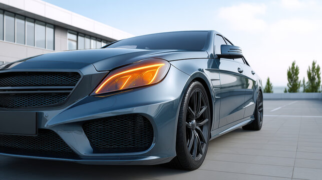 A sleek blue sedan with glowing headlights is parked on a modern rooftop parking lot showcasing its stylish design and luxurious appeal against the city backdrop.