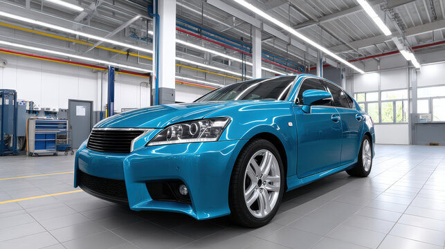 A shiny turquoise car is parked inside a bright auto repair shop, ready for maintenance or service with its sleek design and modern automotive technology.