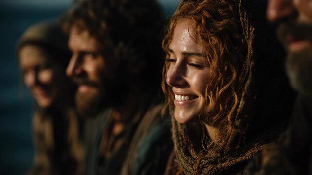 Ancient Israeli people gathered at sea shore, historical biblical lifestyle scene with traditional clothing, coastal atmosphere, and warm natural light