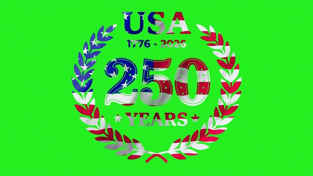 American 250th anniversary logo on chroma key featuring flag styled numerals and historic dates for July 4 celebration visuals