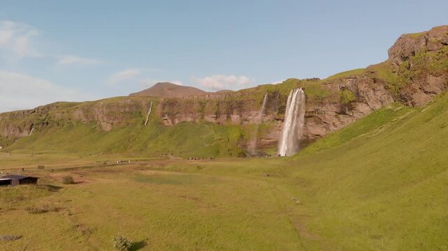 Seljalandfoss, Iceland. Amazing aerial view from drone in summer season