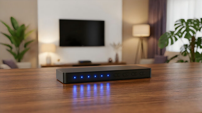 Modern electronic media hub device with blue status indicator lights sitting on a wooden table in a contemporary living room interior